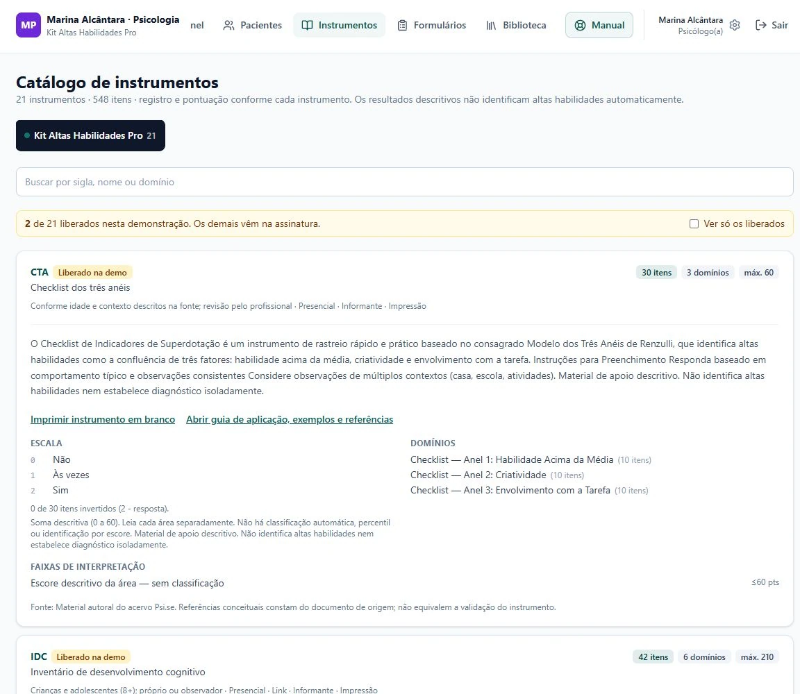 Captura real do catálogo de instrumentos da demo Altas Habilidades Pro, com dados fictícios