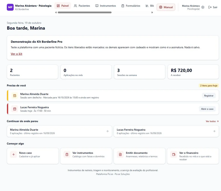 Telas reais da demo do Kit Borderline Pro: painel, catálogo de instrumentos e formulários com dados fictícios.