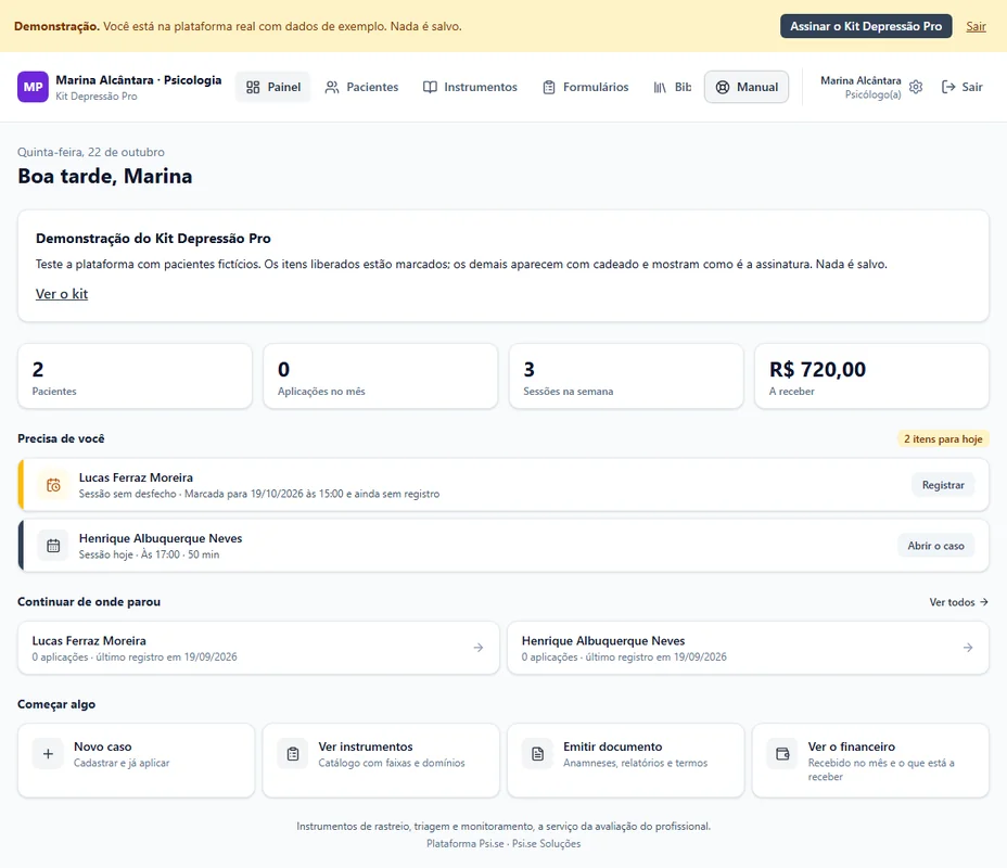 Telas reais da demo do Kit Depressão Pro: painel, catálogo de instrumentos com cadeados, aplicação da Escala Psi.se da Régua Interna (ERI) até o resultado corrigido e o formulário Jornal de humor, com dados fictícios.
